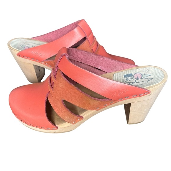 Maguba coral leather strappy clogs wooden heels size 37 US 7 slip on Swedish - Picture 1 of 10